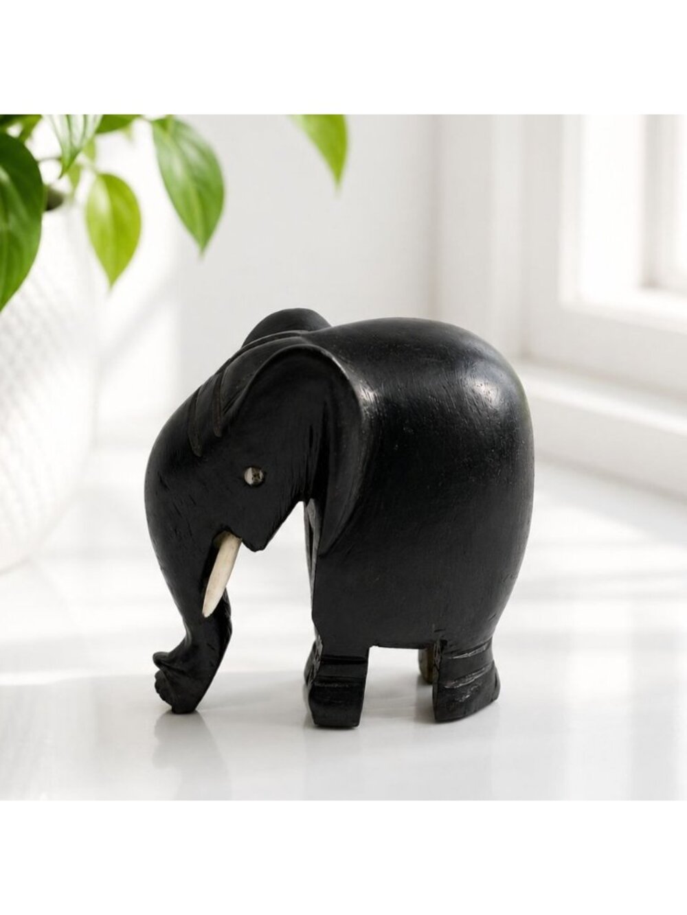 Hand-Carved Black Wooden Elephant Figurine With Tusk Detail - 3" Tall - Unique D